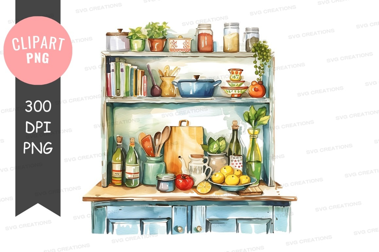 Cozy kitchen shelf with utensils and ingredients