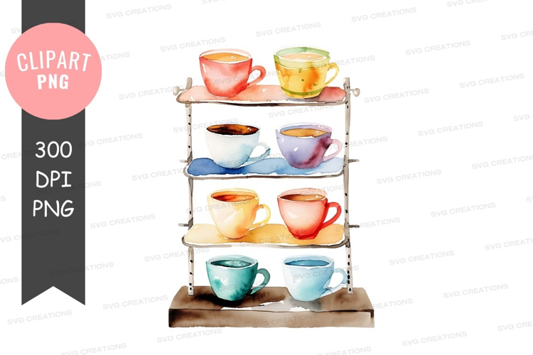 Colorful coffee cups on a shelf