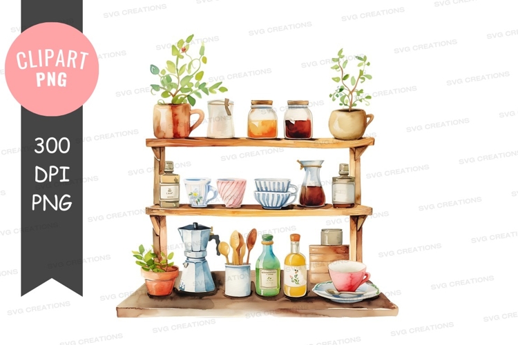 Cozy kitchen shelf with plants and tea