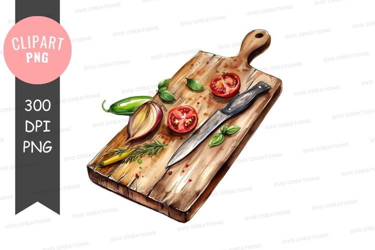 Wooden cutting board with vegetables and knife