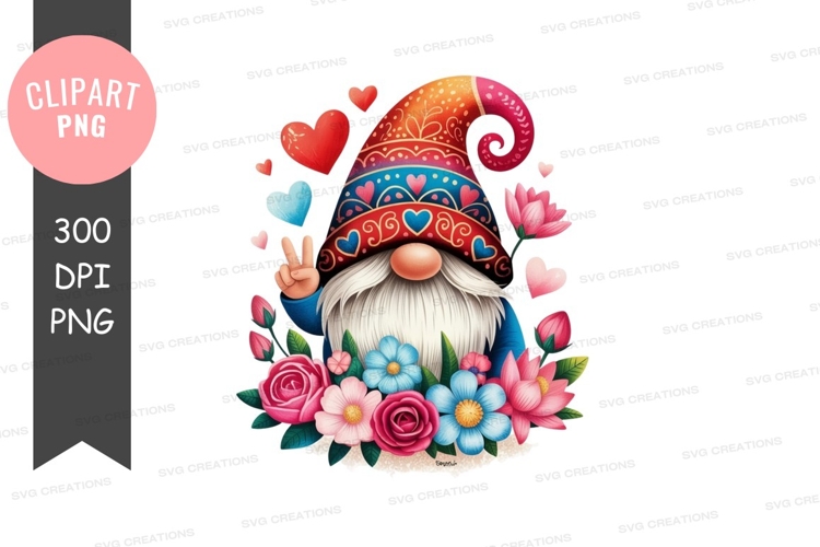 Colorful gnome with hearts and flowers