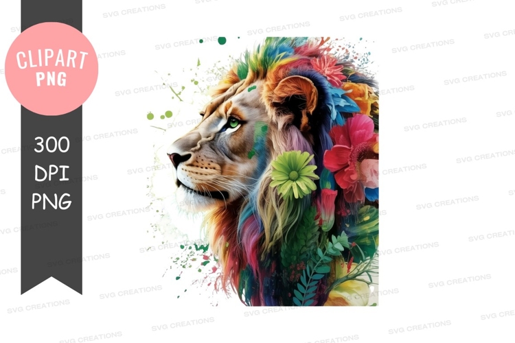 Vibrant lion with floral accents