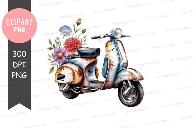 Vintage vespa with flowers clipart png