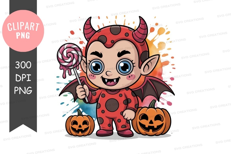 Cute devil holding lollipop and pumpkins