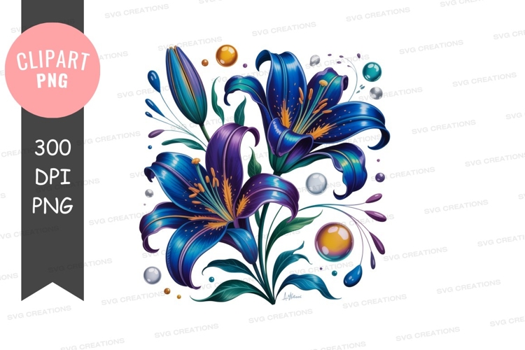 Blue lilies with ornaments clipart png