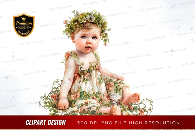 Baby girl in floral dress clipart png