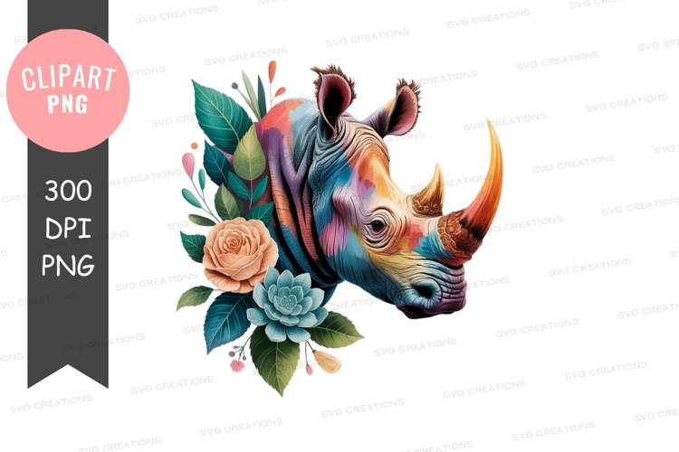 Colorful rhino with floral accents clipart png