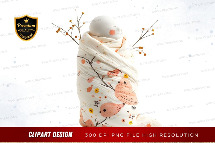 Swaddled baby with bird pattern