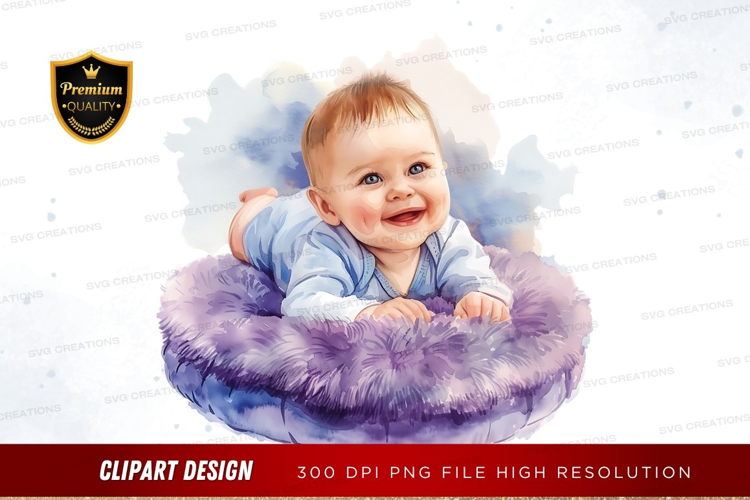 Happy baby in purple furry seat