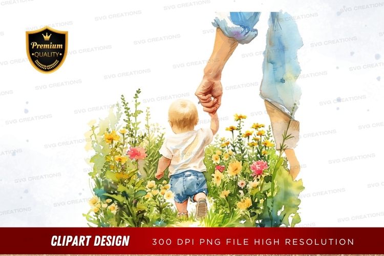 Child holding adults hand in a garden