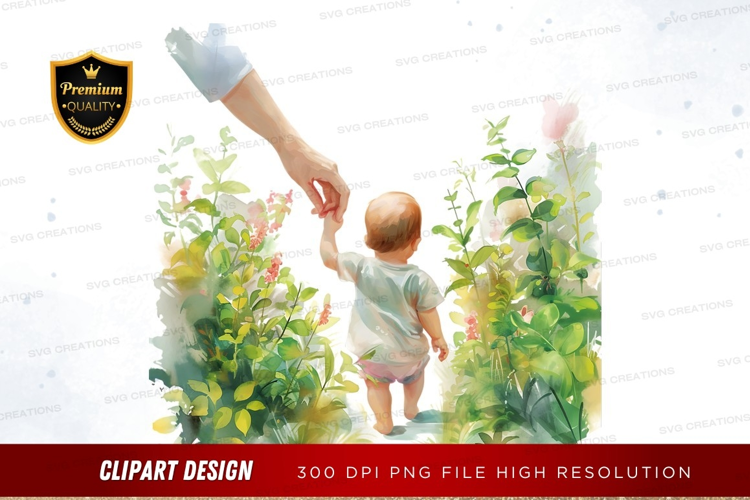 Baby holding adult's hand in a garden