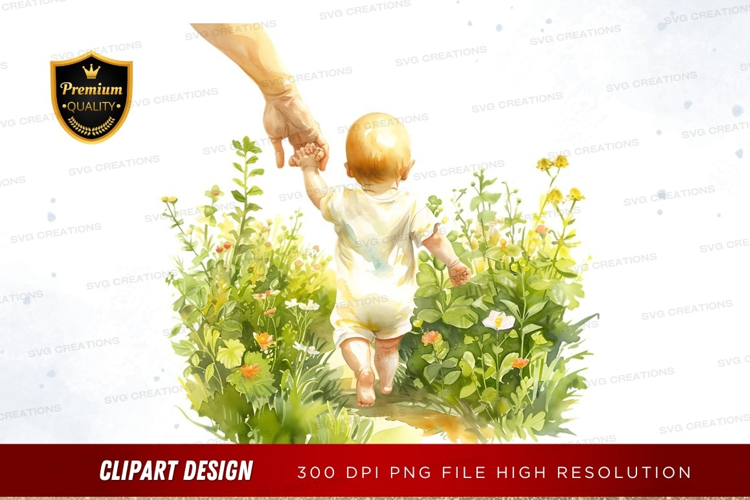 Baby and adult hand holding in a garden