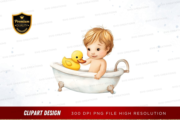 Baby in bathtub with duck
