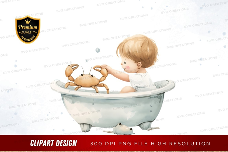 Child playing with crab in bathtub