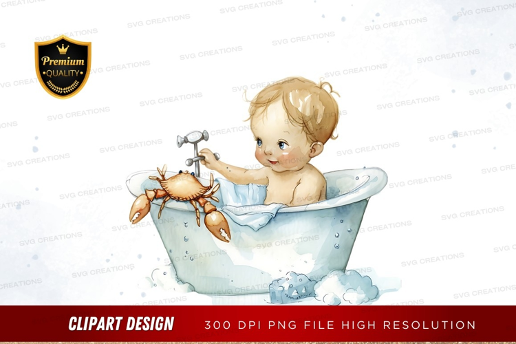 Baby playing with crab in bathtub