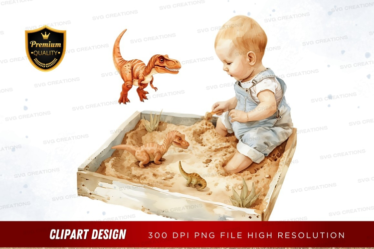 Baby playing with dinosaurs in sandbox