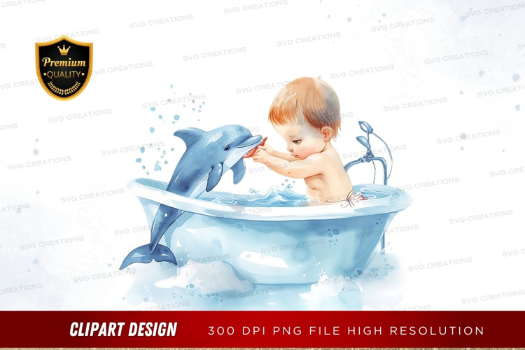 Baby and dolphin in bathtub