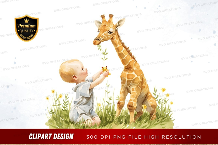 Baby and giraffe in a meadow
