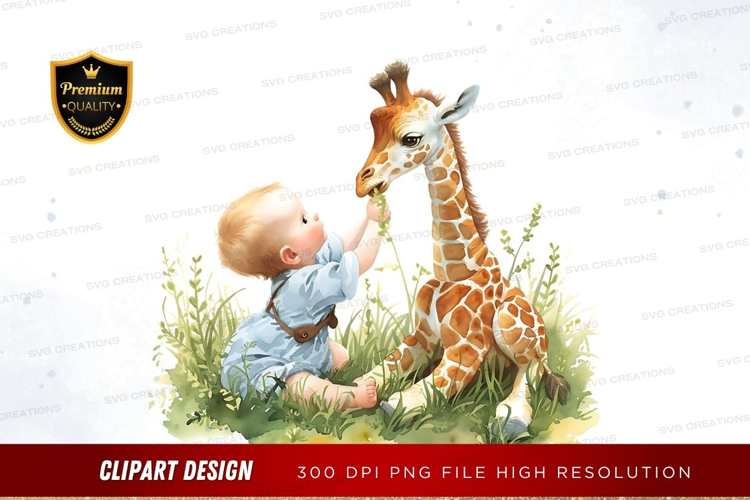Baby and giraffe in the wild