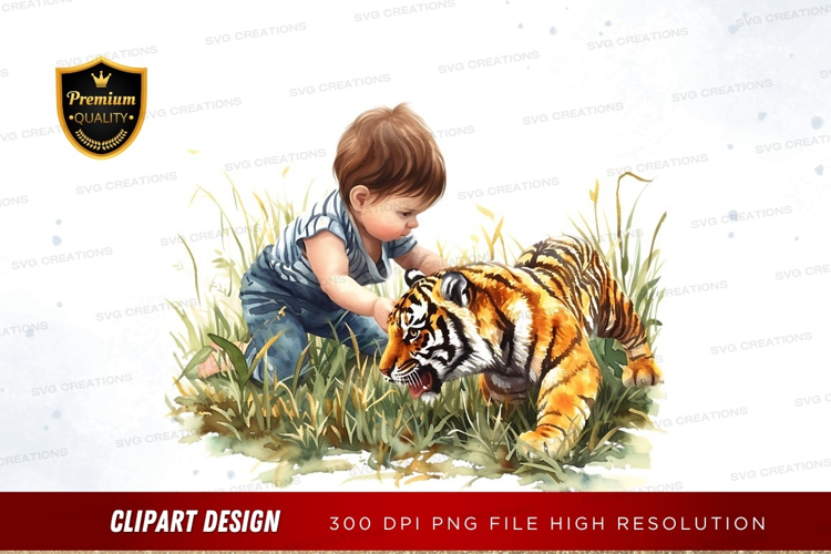 Child and tiger in the grass
