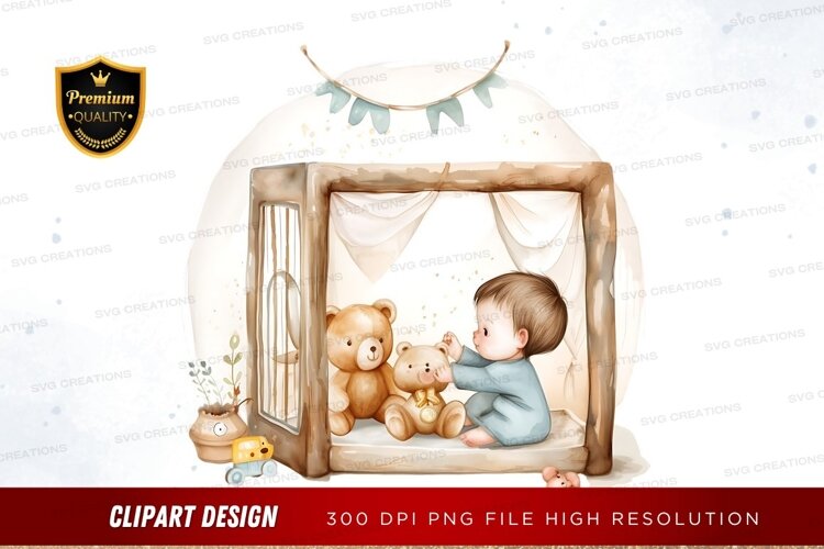 Baby with teddy bears in a cozy tent example image 1