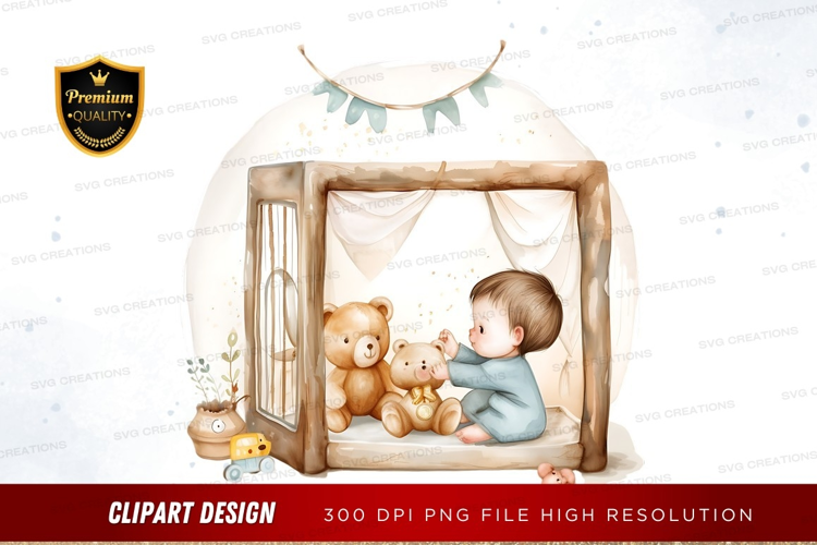 Baby with teddy bears in a cozy tent