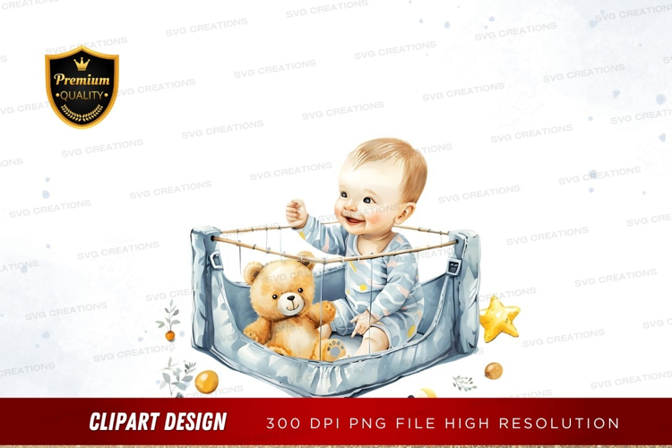 Baby with teddy bear in hammock
