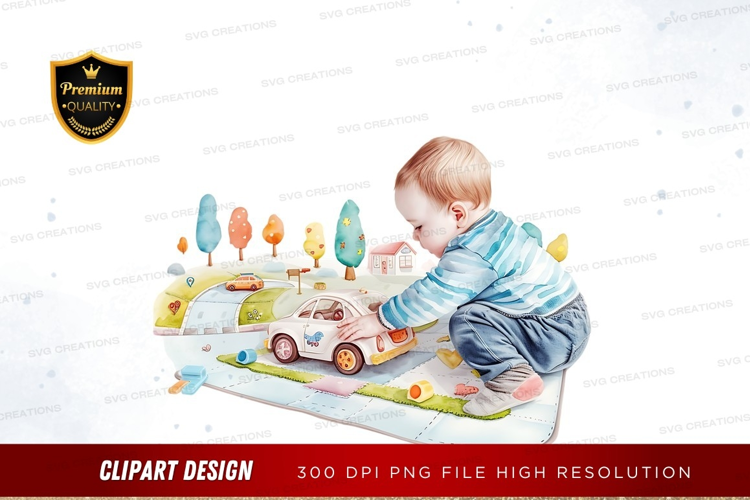 Baby playing with toy car on play mat