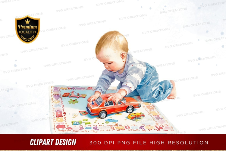 Baby playing with toy car on play mat
