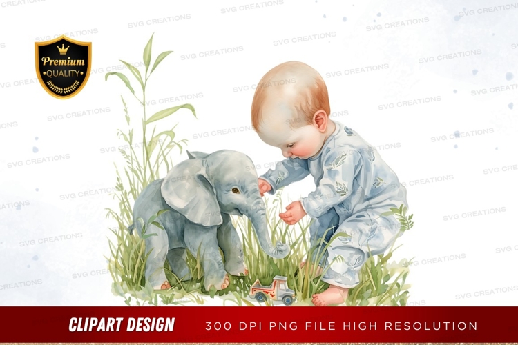 Baby and elephant playtime