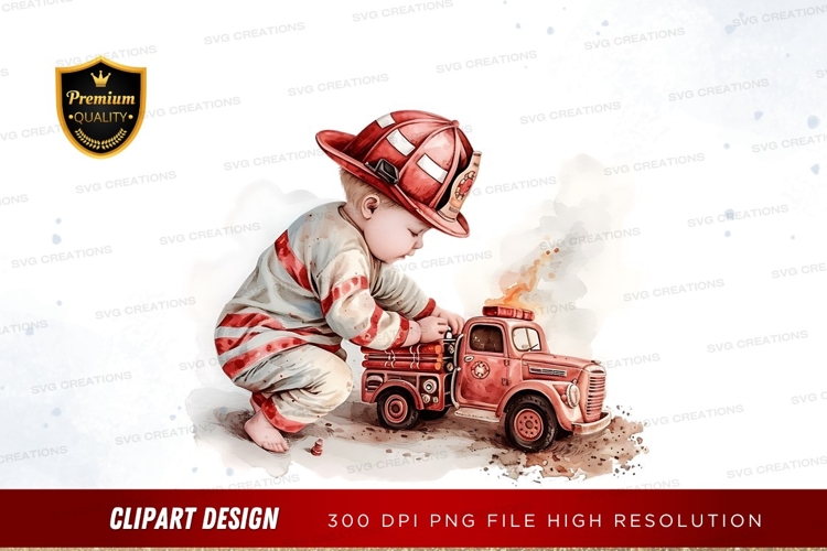 Little firefighter playing with toy truck
