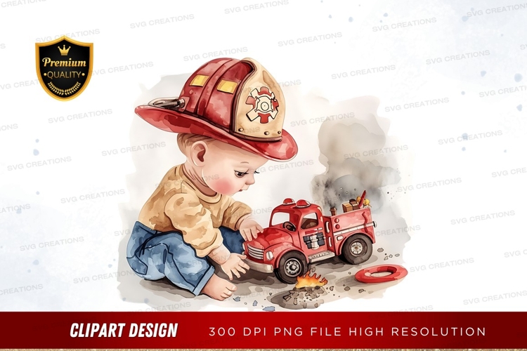 Baby firefighter with toy fire truck