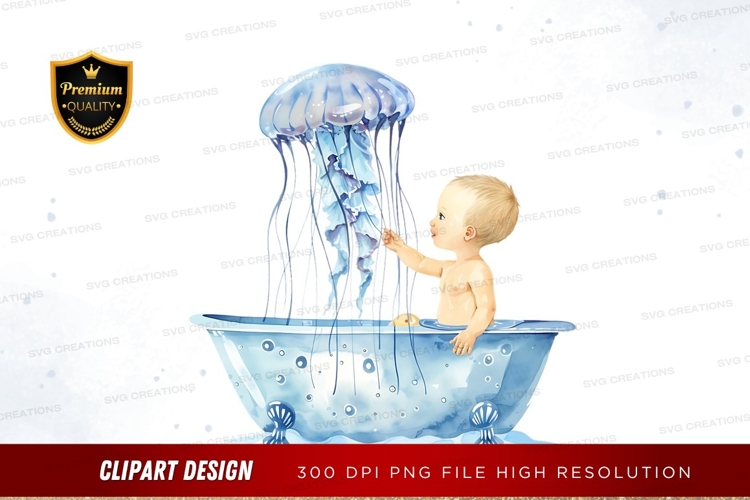 Curious baby in bathtub with jellyfish