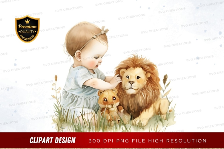 Baby with lion cubs clipart png