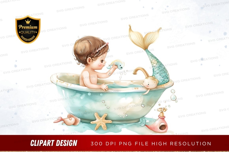 Baby mermaid in bathtub clipart png