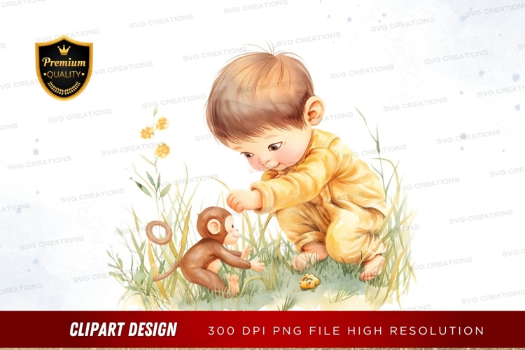 Baby playing with monkey clipart png
