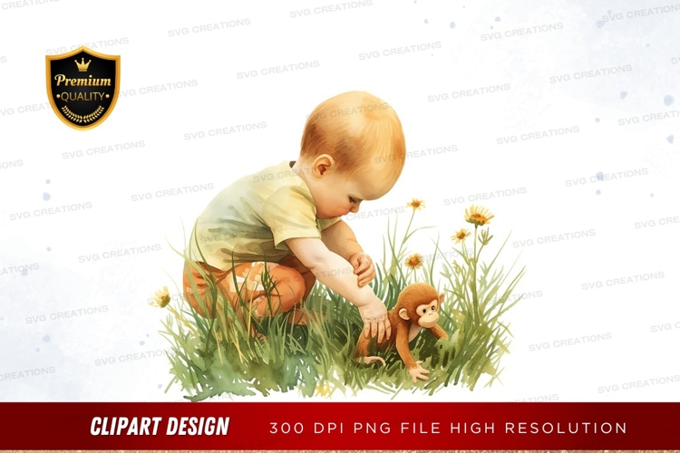 Curious baby and monkey in a field