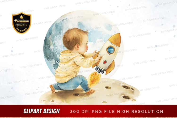 Child playing with rocket on the moon