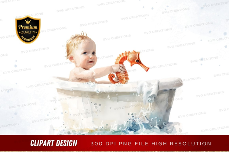 Baby in bathtub with seahorse toy