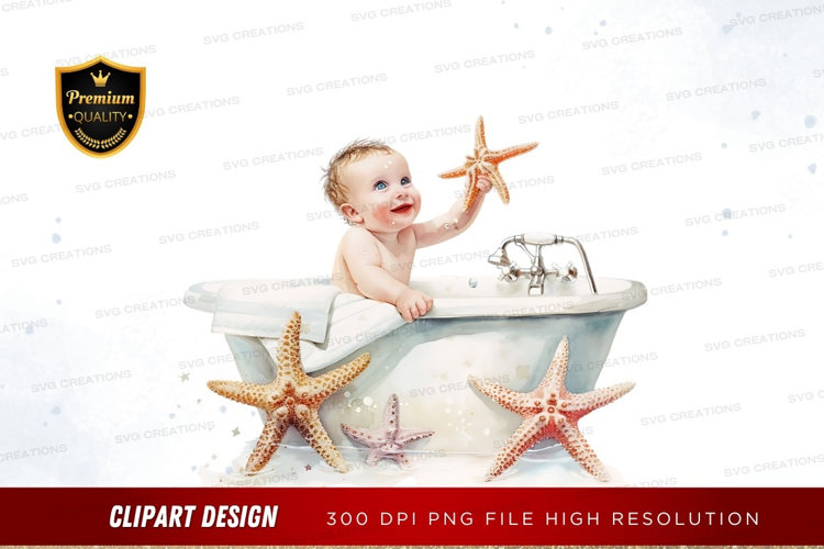 Baby in bathtub with starfish