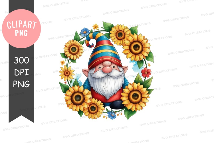 Whimsical gnome surrounded by sunflowers
