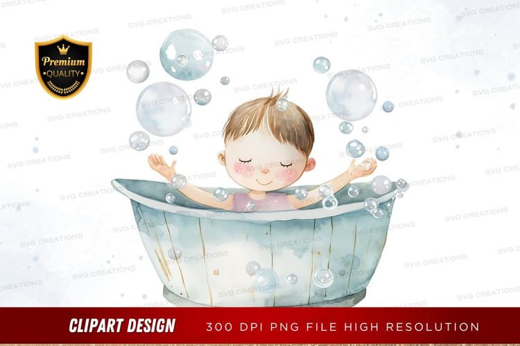 Happy baby in bathtub with bubbles