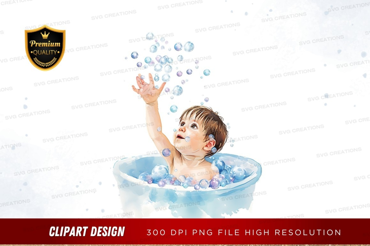 Baby playing in bubbly bath