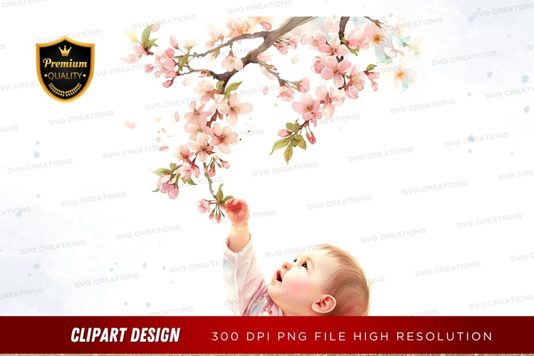 Baby reaching for cherry blossoms