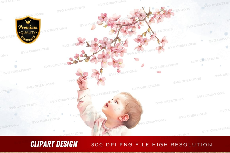 Baby reaching for cherry blossoms