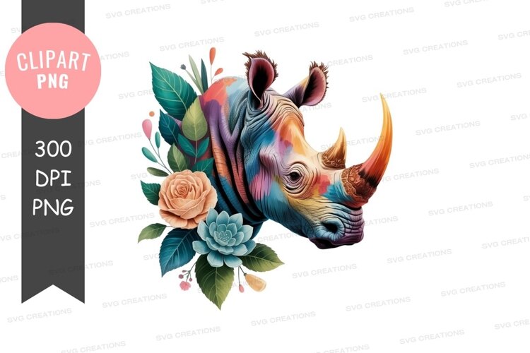 Colorful rhino with floral accents png example image 1