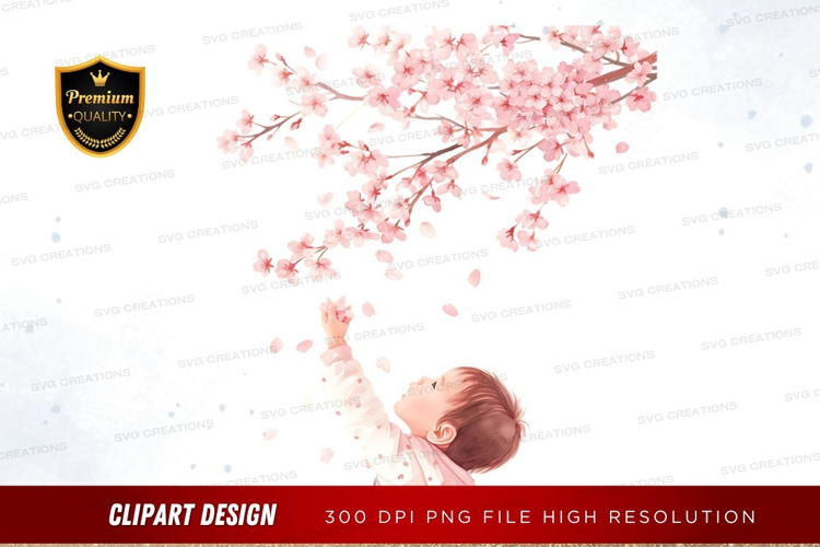 Baby reaching for cherry blossoms