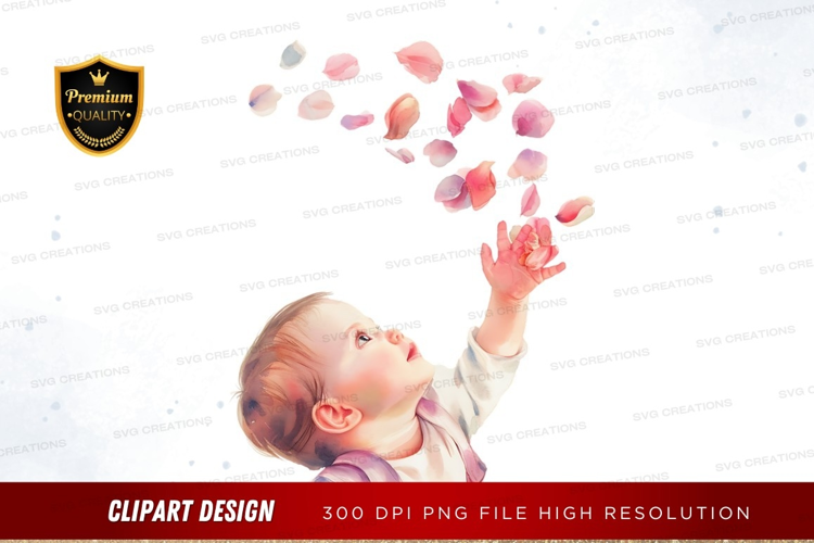 Baby with falling rose petals