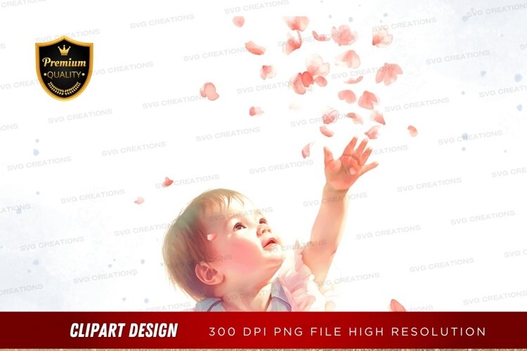 Baby reaching for falling petals example image 1