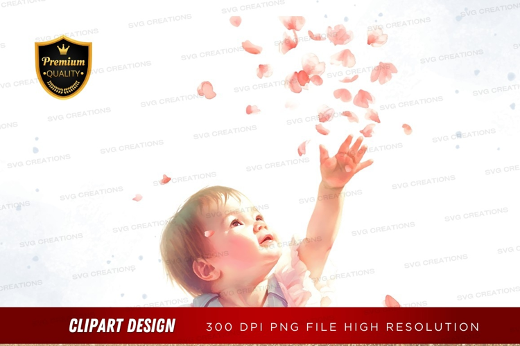 Baby reaching for falling petals